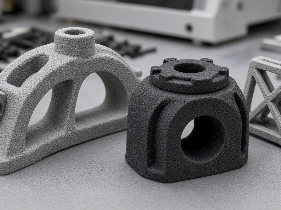 Componente industrial de nylon fabricado mediante SLS y MJF